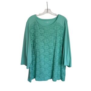 Croft & Barrow Womens 2X Mint Green Lace Front 3/4 Sleeve Top Crew Neck Blouse